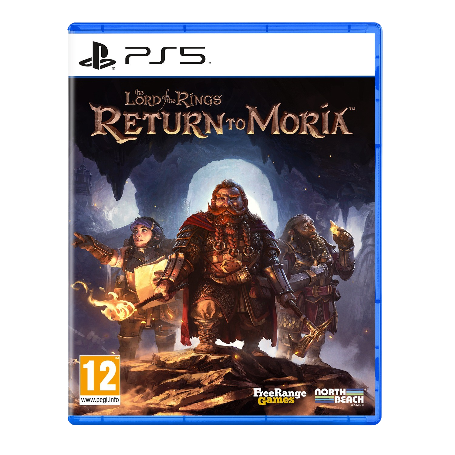 Spelverpakking van The Lord of the Rings: Return to Moria. Dwergen op de cover, PS5 logo.
