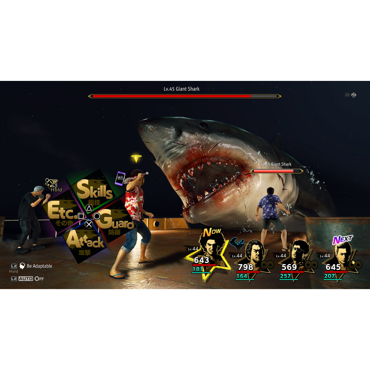 Video game scene. Characters fighting giant shark.