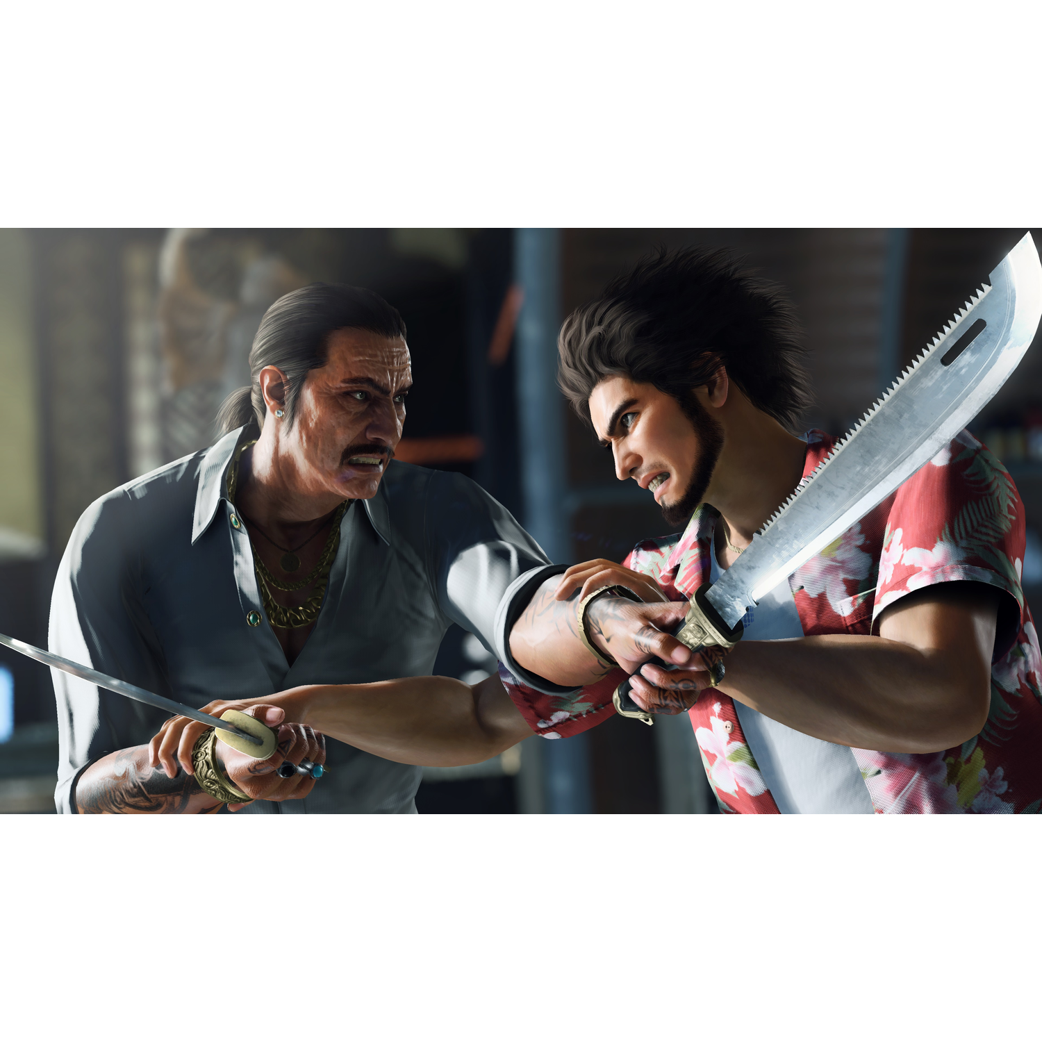 Two men with knives face each other. One wears a red shirt, other wears a white shirt.