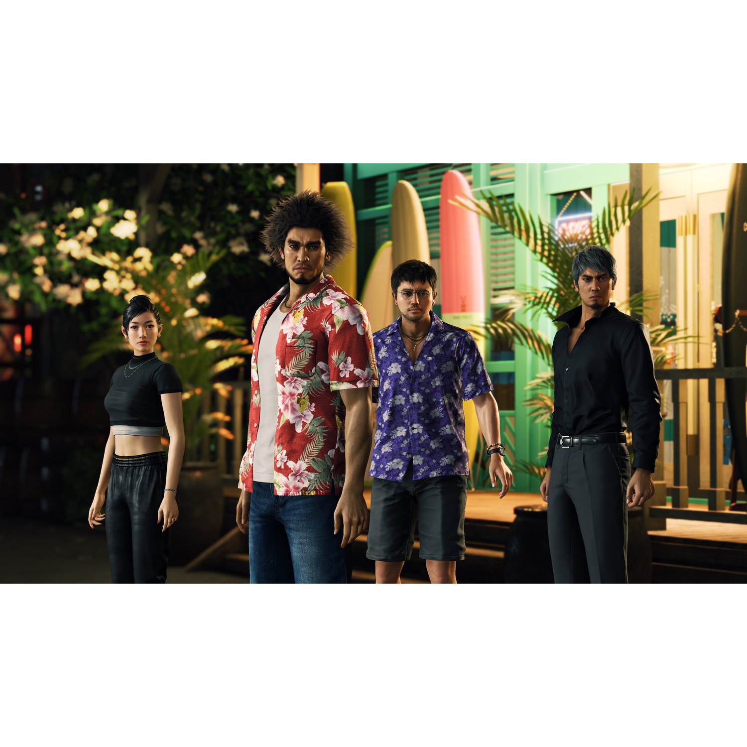 Four people stand outside a shop. The scene is set at night.