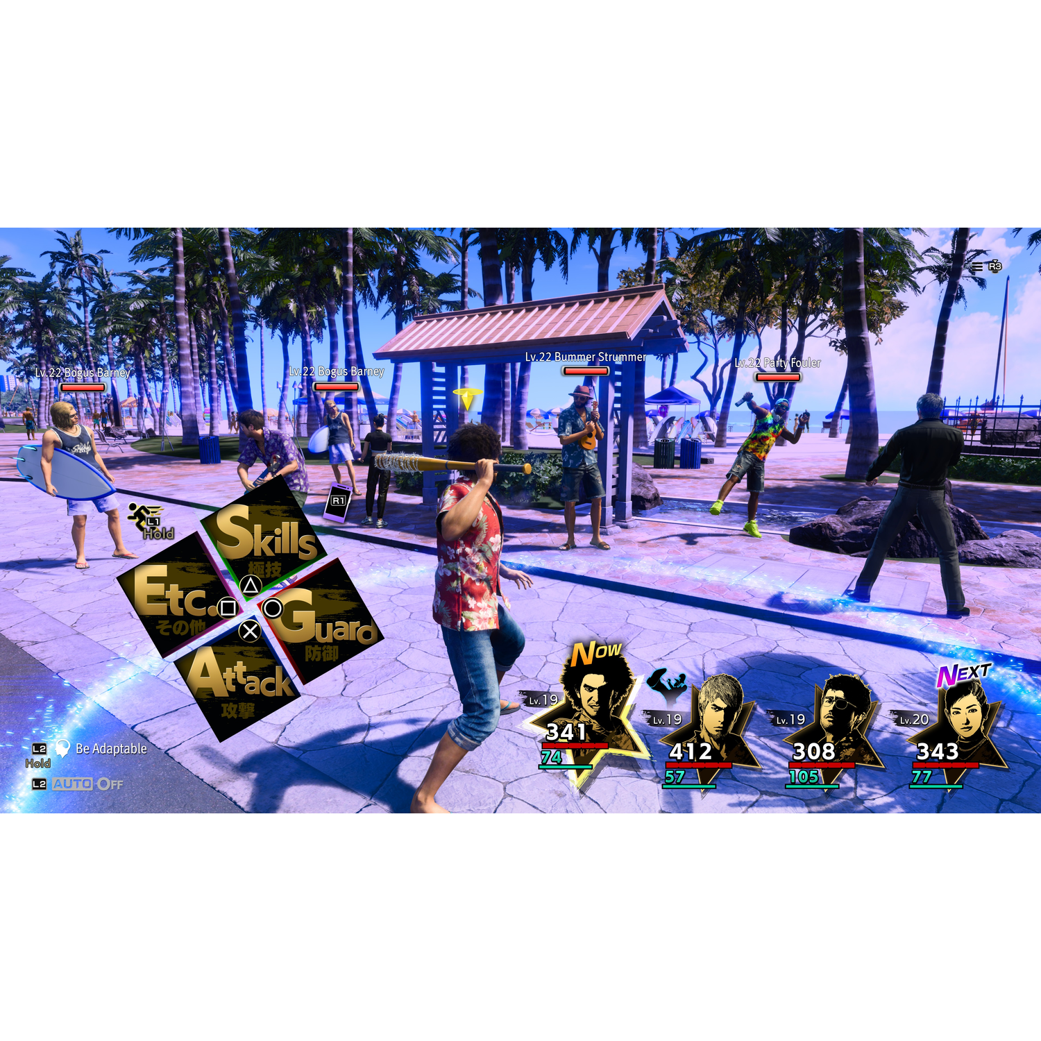 Video game scene. A character with a bat is fighting, others surrounding him.
