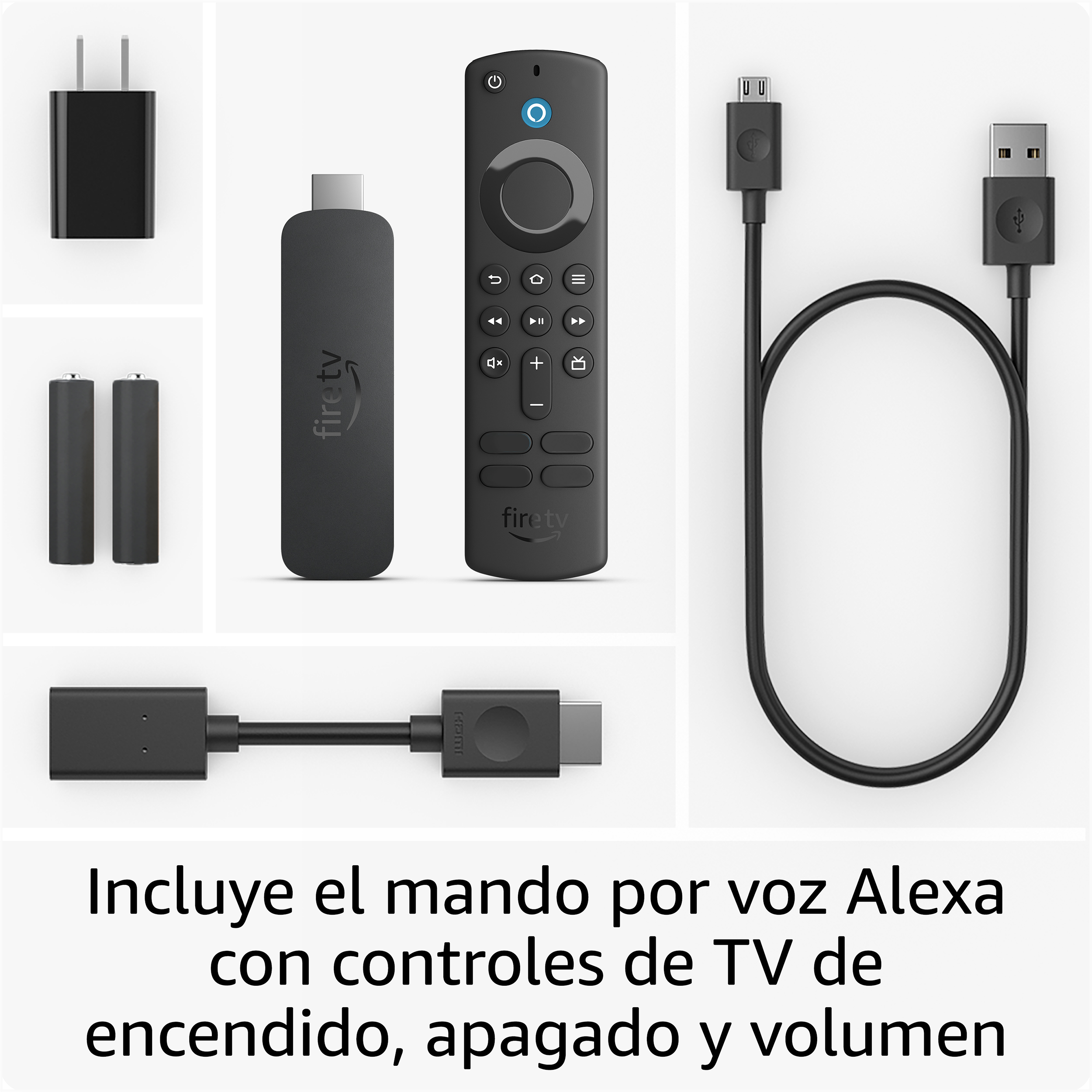 Conjunto de dispositivos Fire TV y accesorios. Incluye mando, pilas, cargador y cables. Fondo blanco.