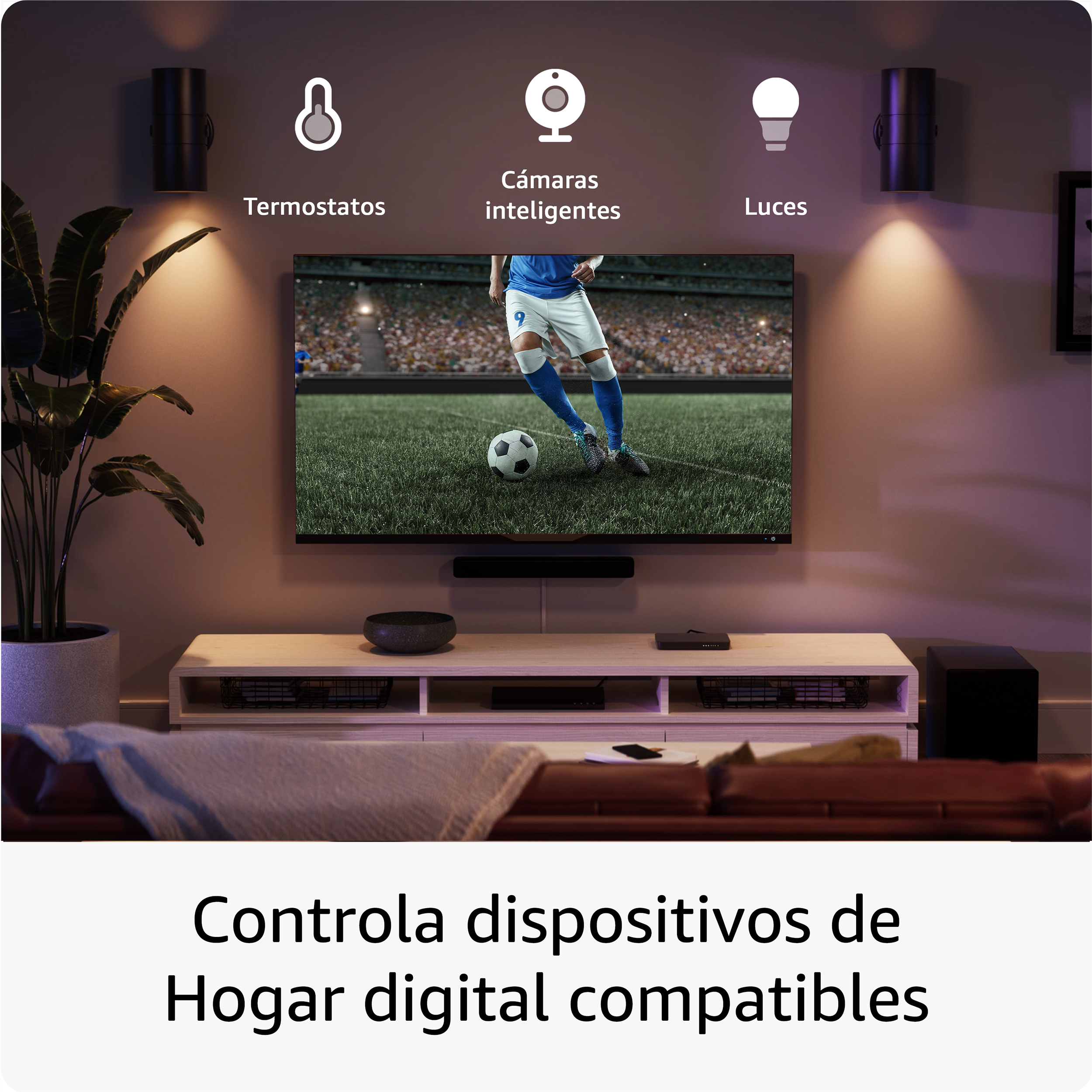 TV muestra un partido de fútbol. Iconos de termostatos, cámaras inteligentes y luces encima.