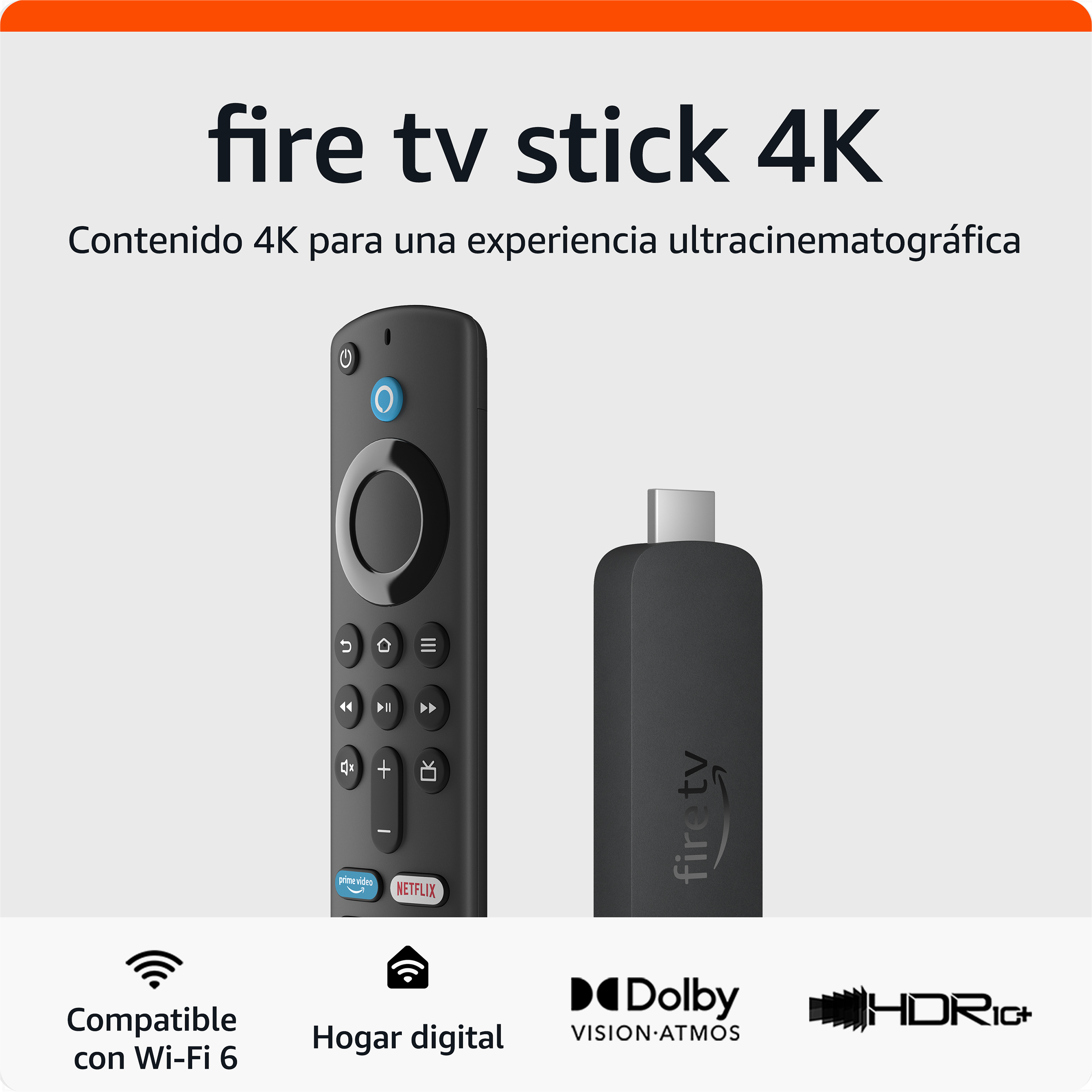 Fire TV Stick y mando a distancia, con texto que promociona contenido 4K.