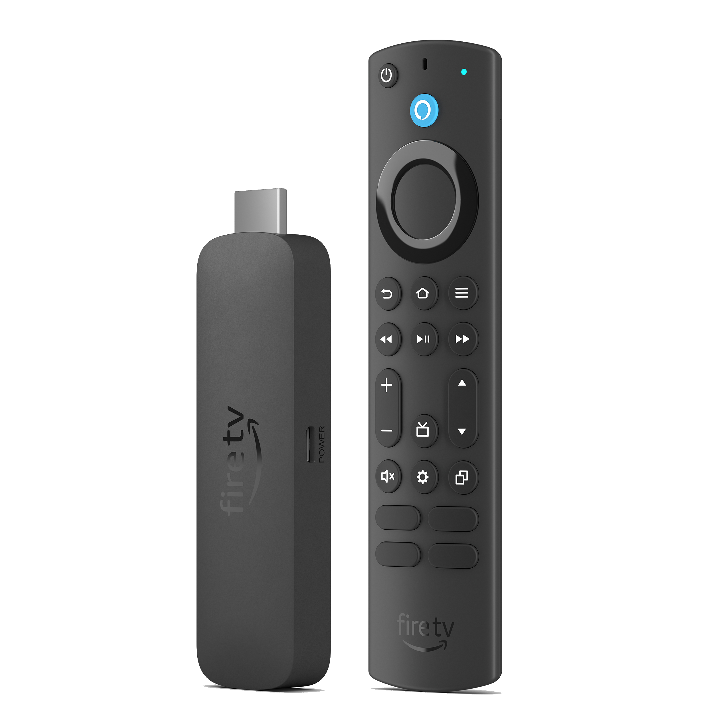 Un Fire TV stick negro y un mando a distancia negro con varios botones sobre fondo negro.