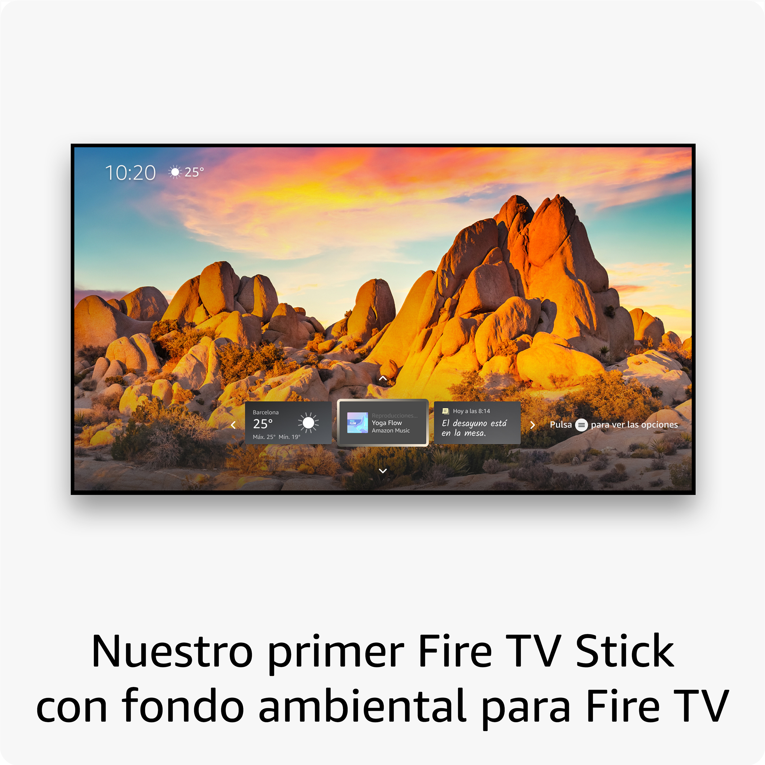 Pantalla de TV mostrando paisaje desértico, texto en español.