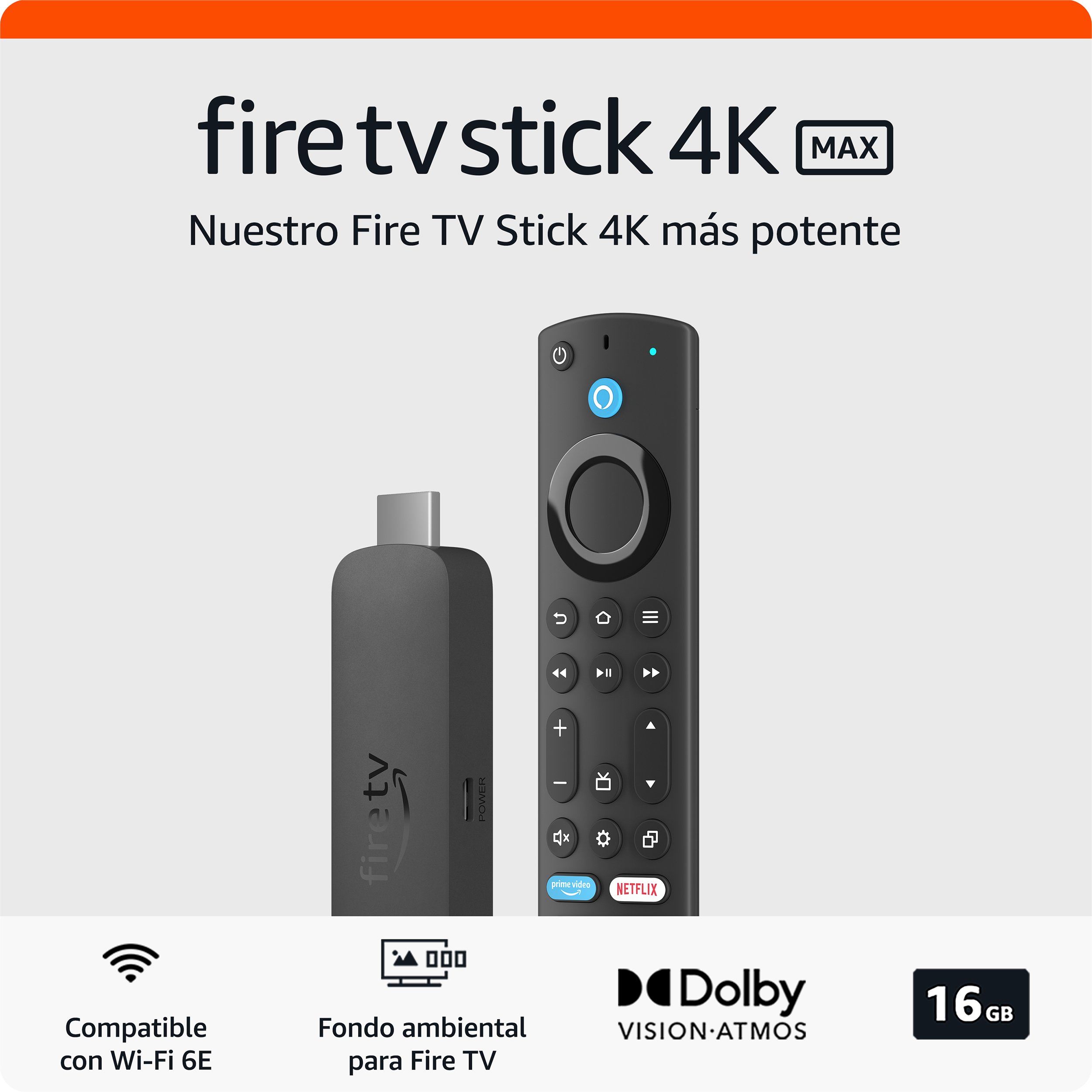 Amazon Fire TV Stick 4K Max con mando a distancia e información del producto sobre un fondo blanco.