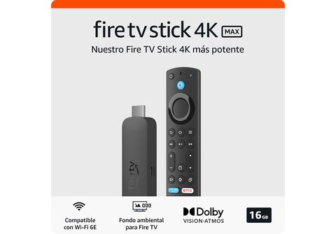 Reproductor multimedia   Fire TV Stick 4K Max (2023), Mando voz  Alexa, UHD 4K, 16 GB, Quad Core 2.0 GHz, Fondo ambiental, HDMI, Wi-Fi 6