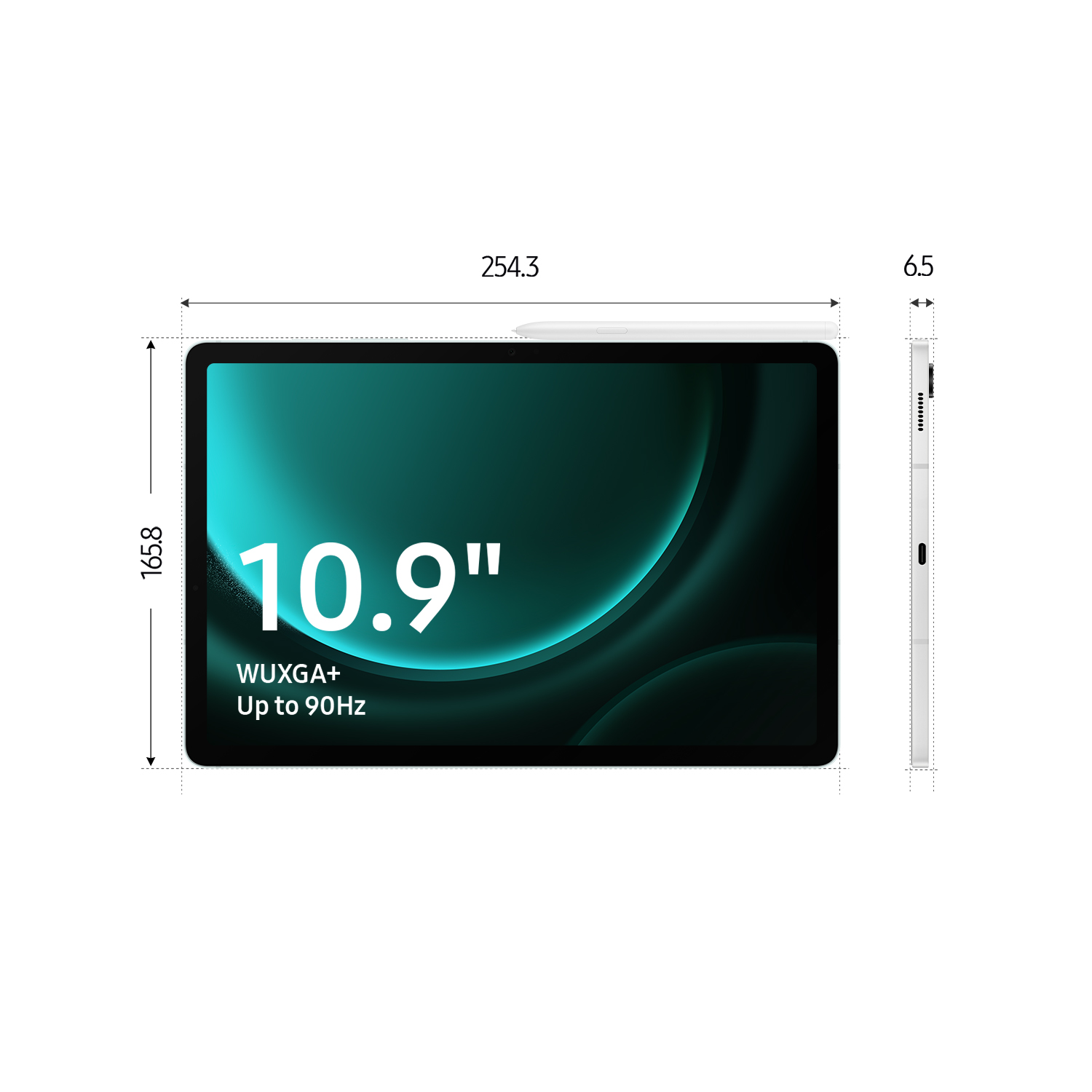 Una tableta con una gran pantalla de 10.9", con dimensiones y un lápiz óptico.
