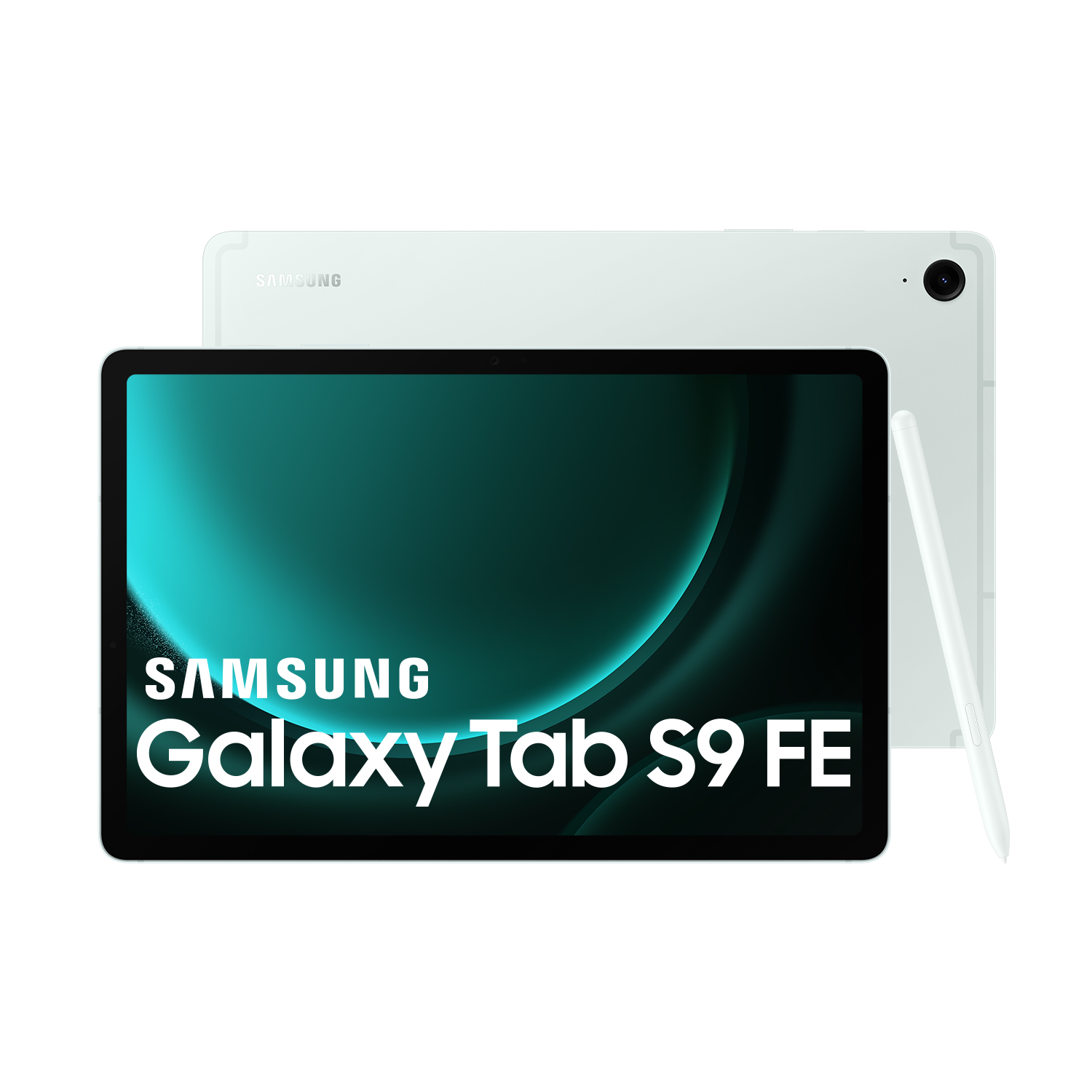 Tableta Samsung Galaxy Tab S9 FE. Vista frontal muestra pantalla y lápiz, fondo blanco.