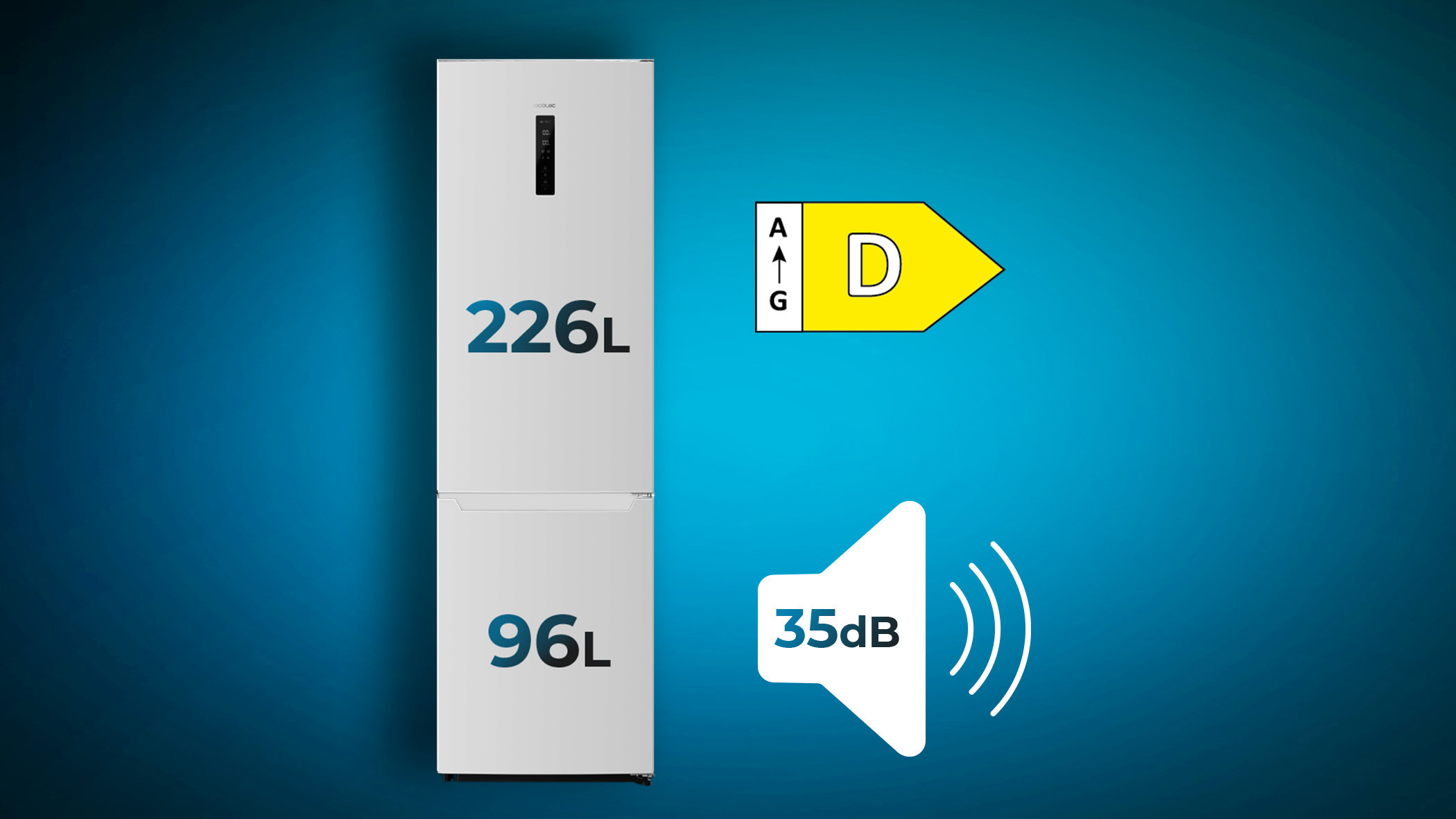 Frigorífico blanco con clasificación energética D. Capacidades de 226L y 96L. 35dB sonido.