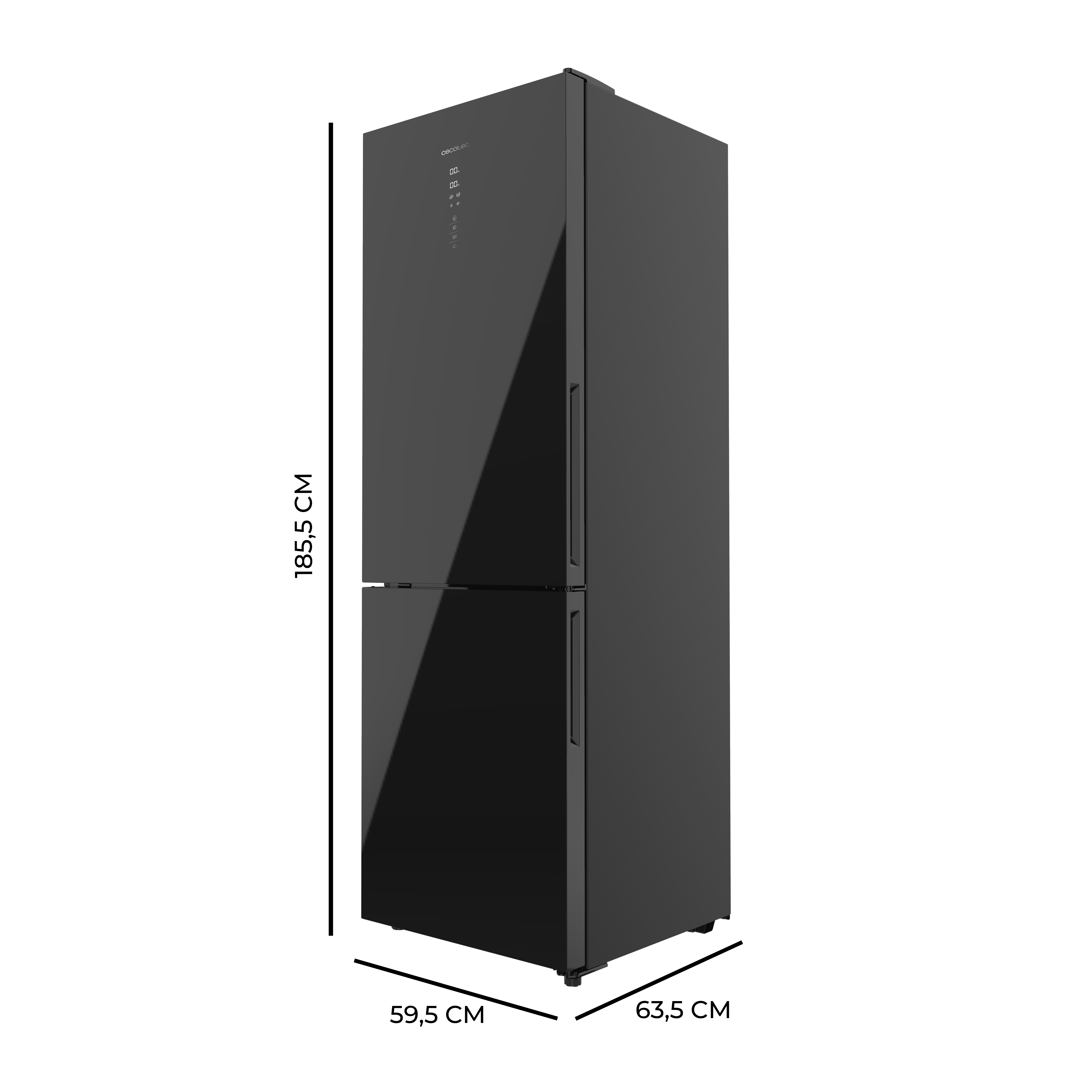 Refrigerador negro, dos puertas, pantalla digital. Fondo oscuro.
