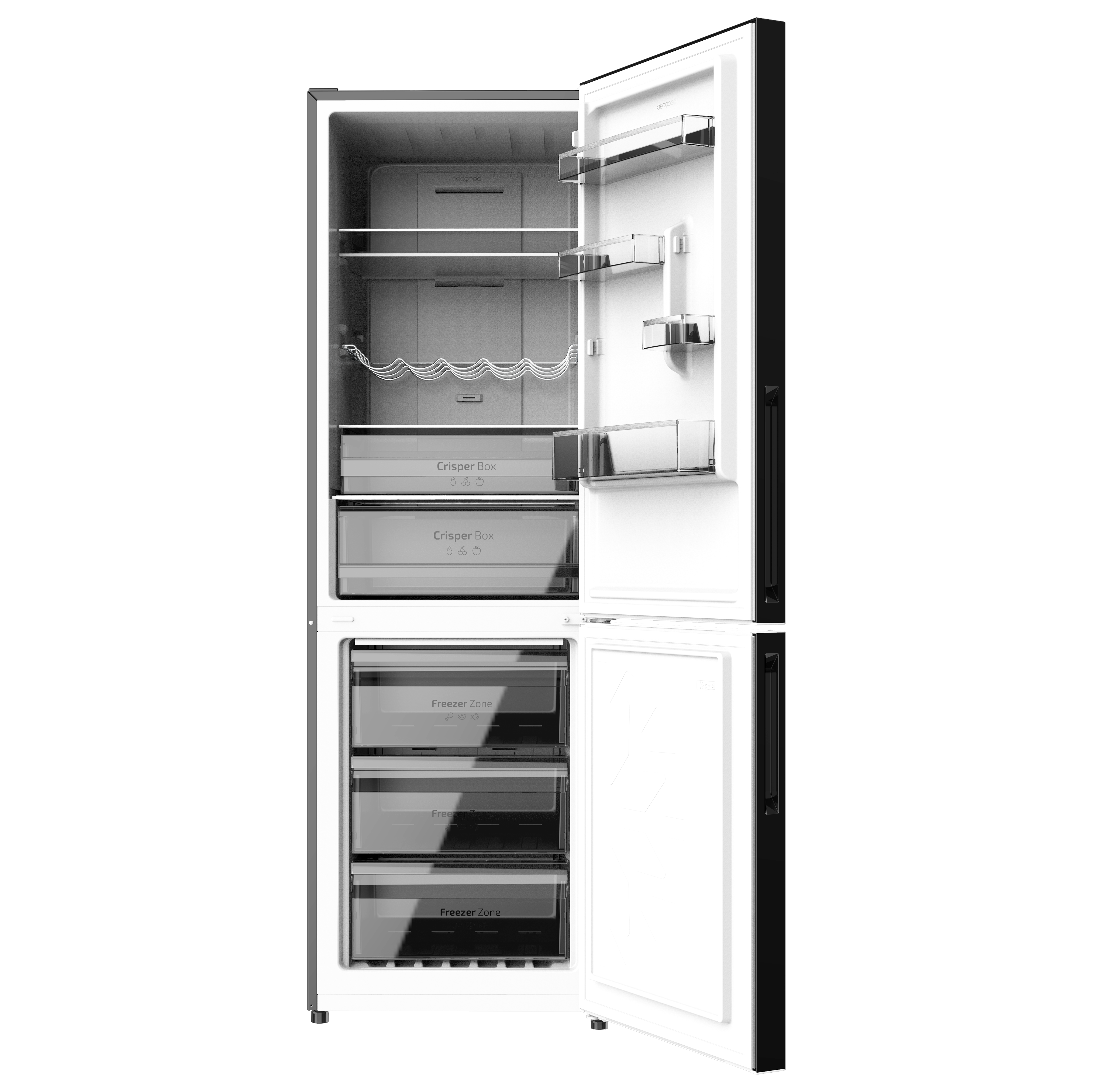 Interior de refrigerador abierto que muestra estantes, cajones y zona de congelador, contra un fondo negro.