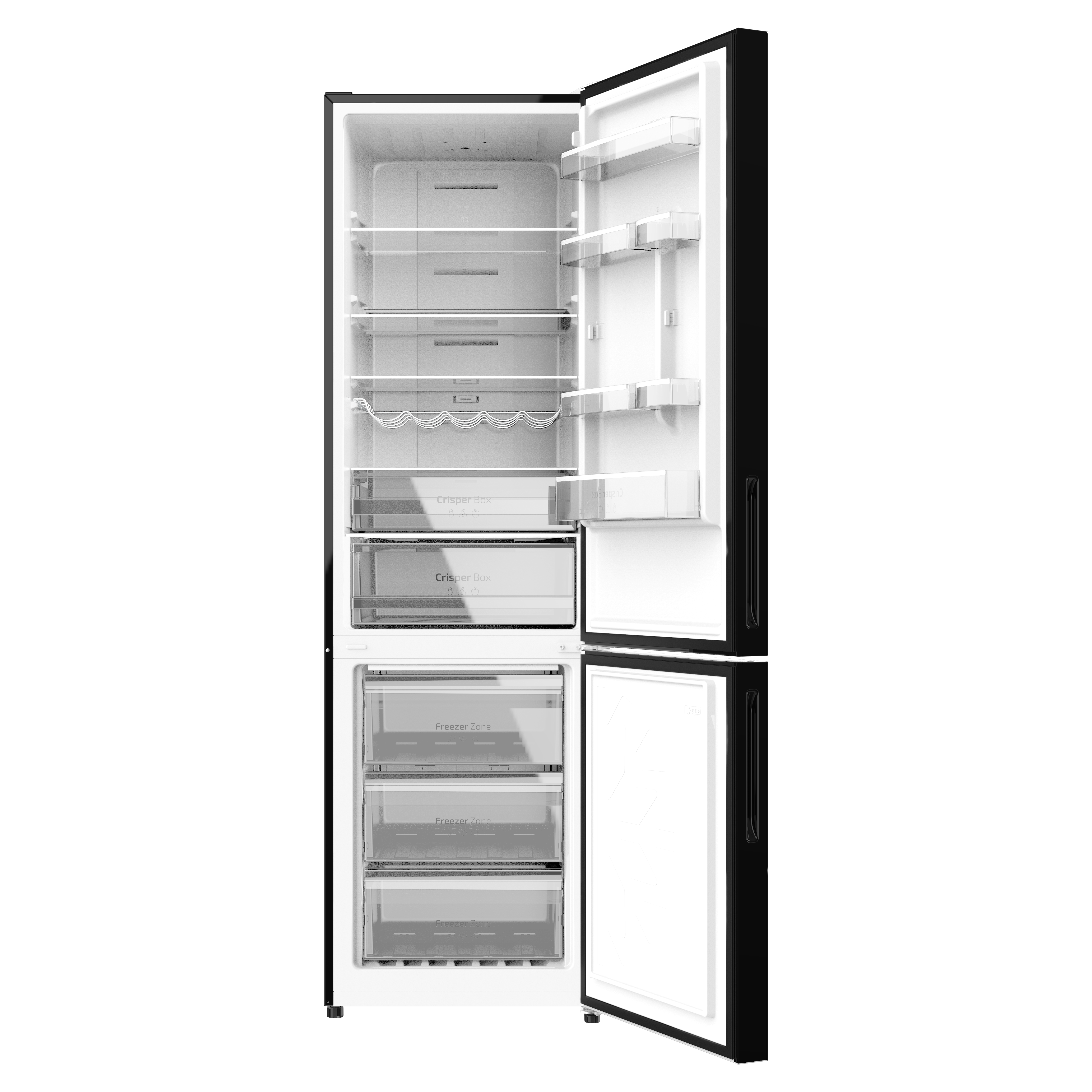 Un refrigerador está abierto, revelando estantes, cajones y compartimentos. Sobre fondo negro.