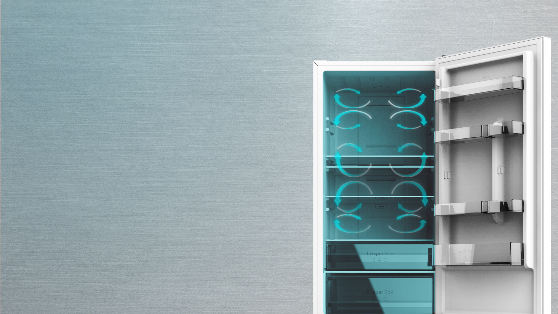 Interior de un refrigerador con luz azul que resalta los estantes y los patrones de circulación de aire.