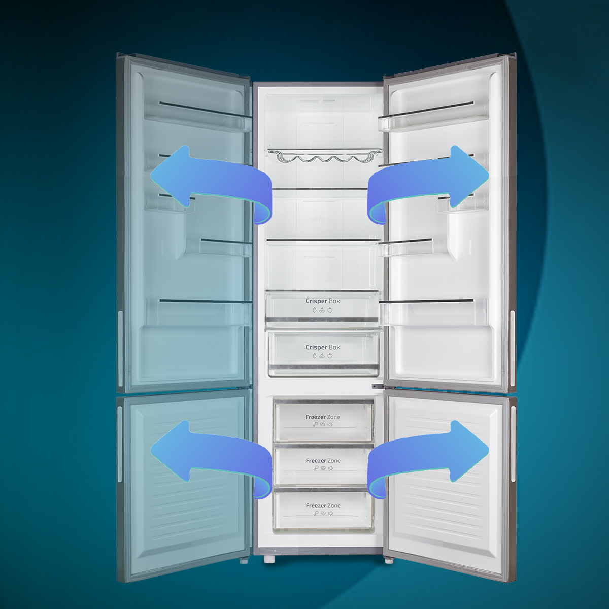 Refrigerador abierto mostrando compartimentos, flechas a cajones y estantes.