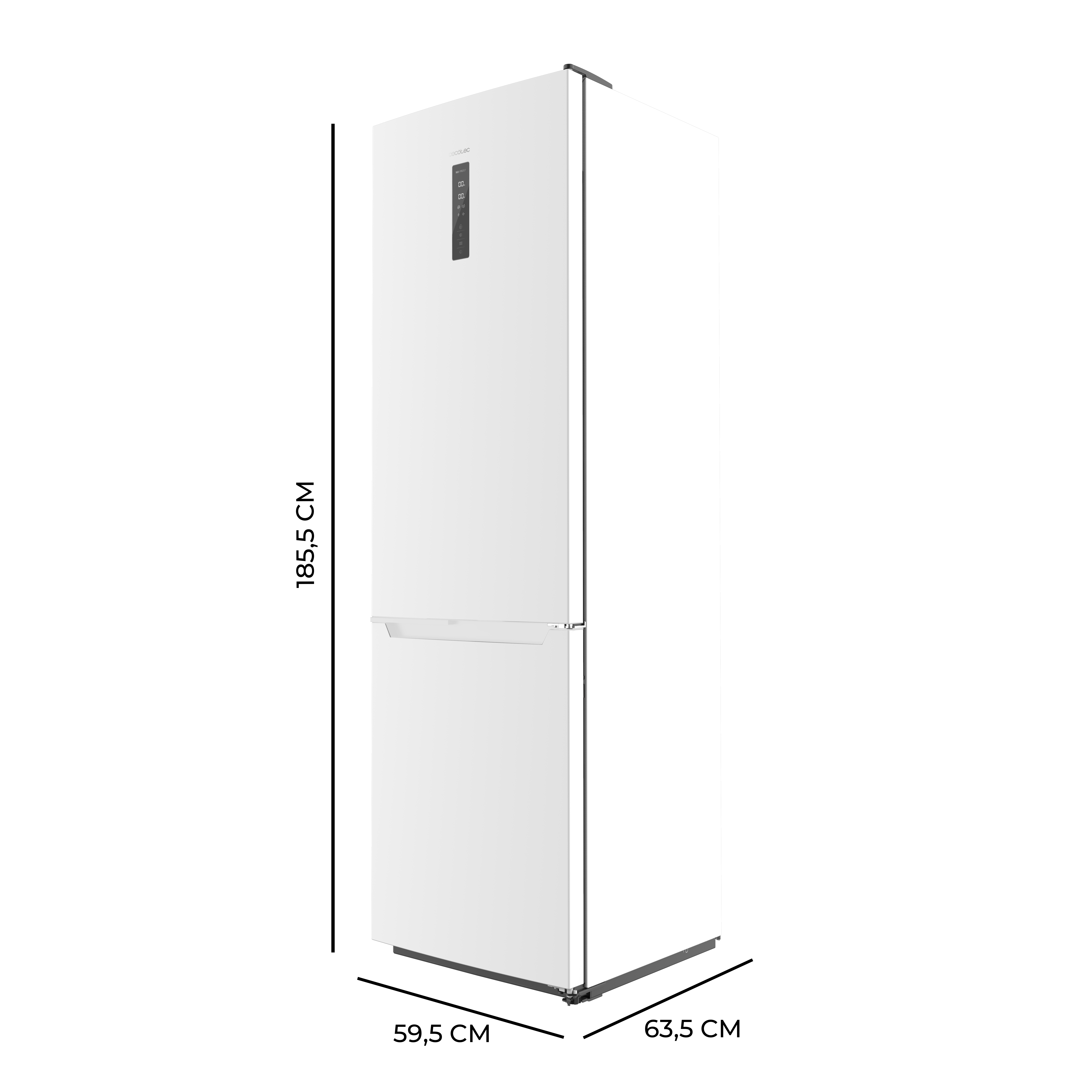 Un refrigerador blanco. Tiene dos puertas. La puerta superior tiene una pantalla digital.