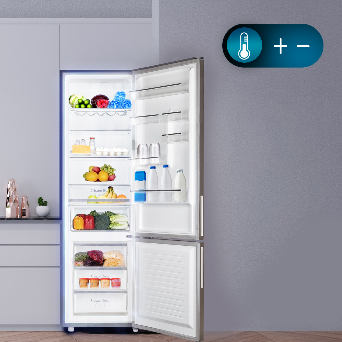 Refrigerador abierto, mostrando alimentos, con un icono de control de temperatura.