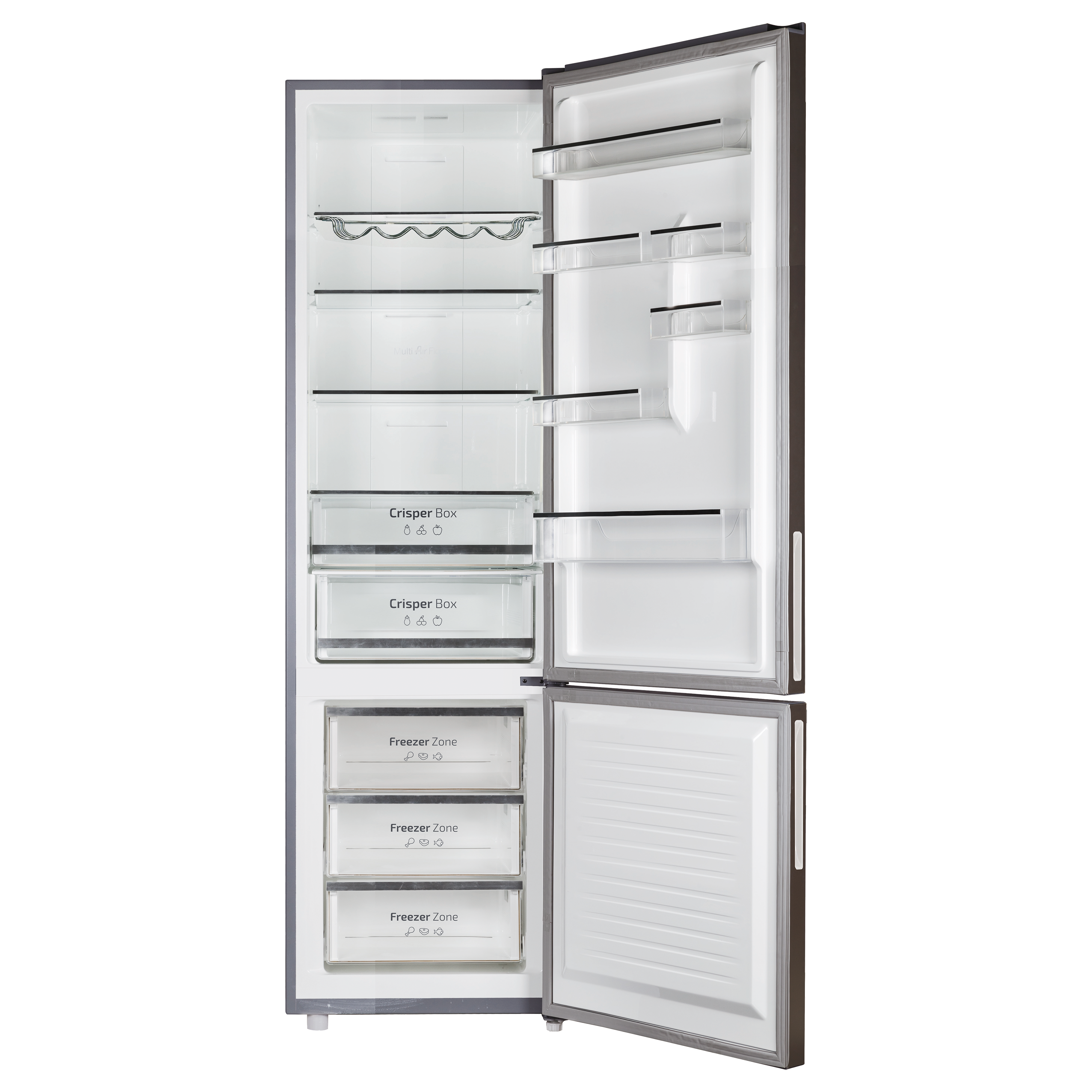 Un refrigerador abierto con las puertas abiertas, mostrando el interior con estantes y cajones.
