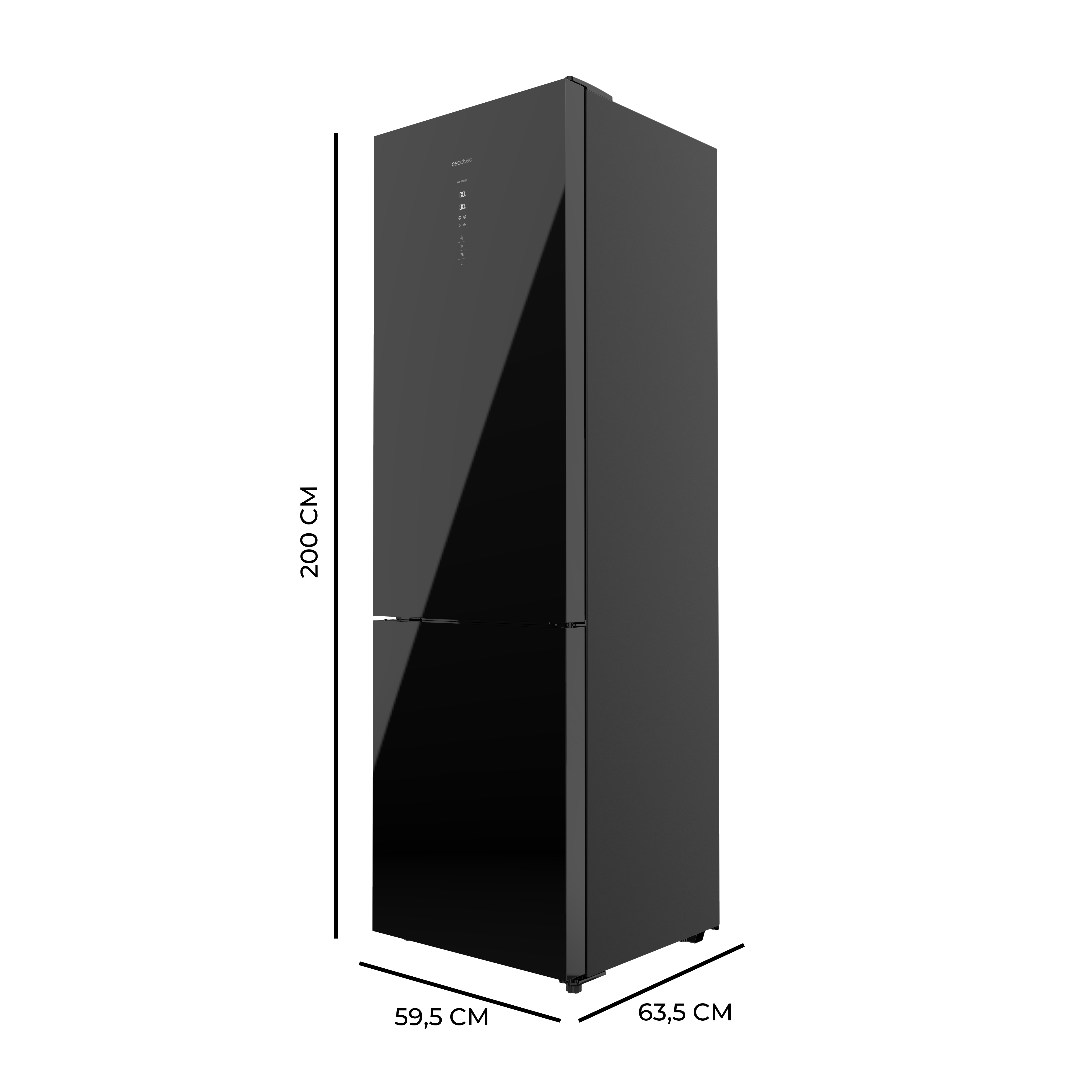 Un frigorífico alto y negro con puerta de cristal. El fondo es negro.