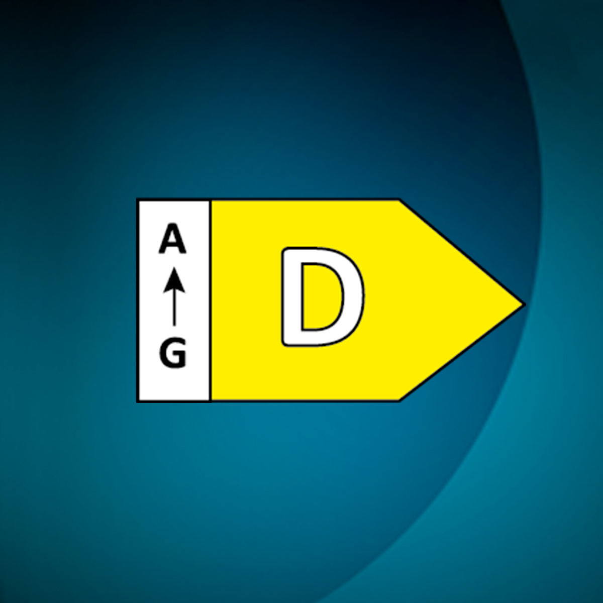 Etiqueta de eficiencia energética con calificación 'D' en amarillo. Fondo azul.