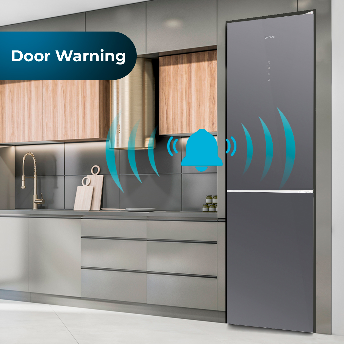 Refrigerador en un entorno de cocina con un icono de advertencia de puerta.