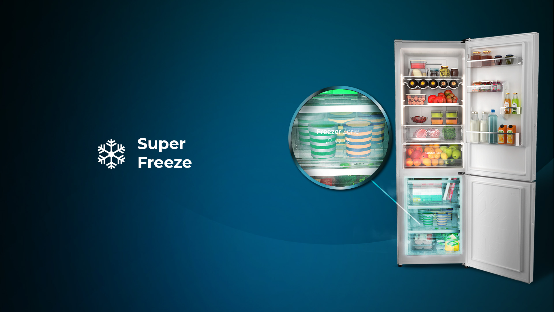 Refrigerador abierto que muestra la zona de congelación y estantes con alimentos. Texto: Super Freeze.