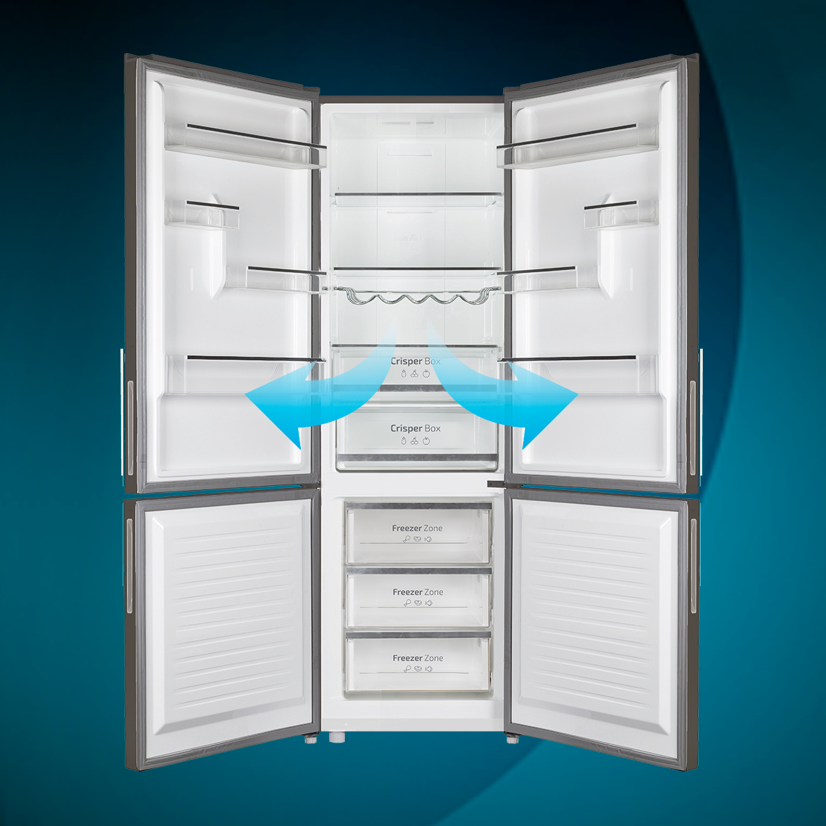 Refrigerador abierto con puertas abiertas. La estructura interna se muestra con flechas azules que indican el flujo de aire.