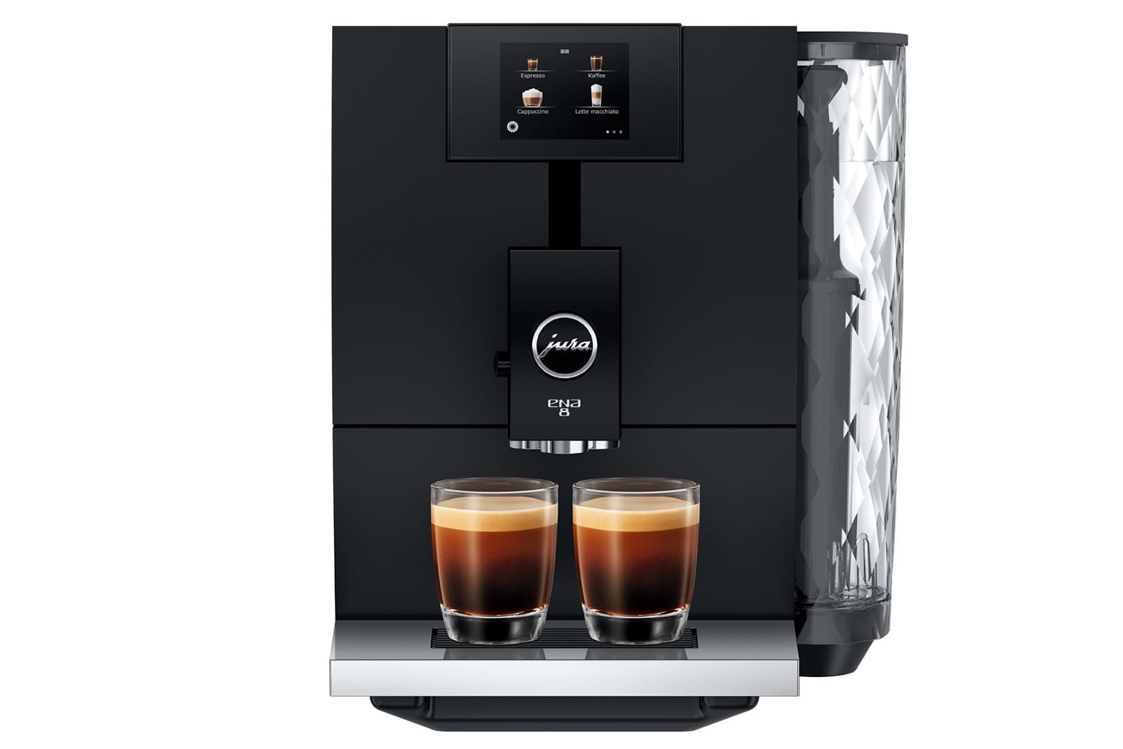 Cafetera Jura ENA 8 negra con dos tazas de espresso. Está sobre un fondo blanco.