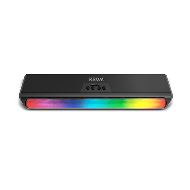 Barra de sonido KROM negra con luces LED multicolores, botones en la parte superior y fondo blanco.