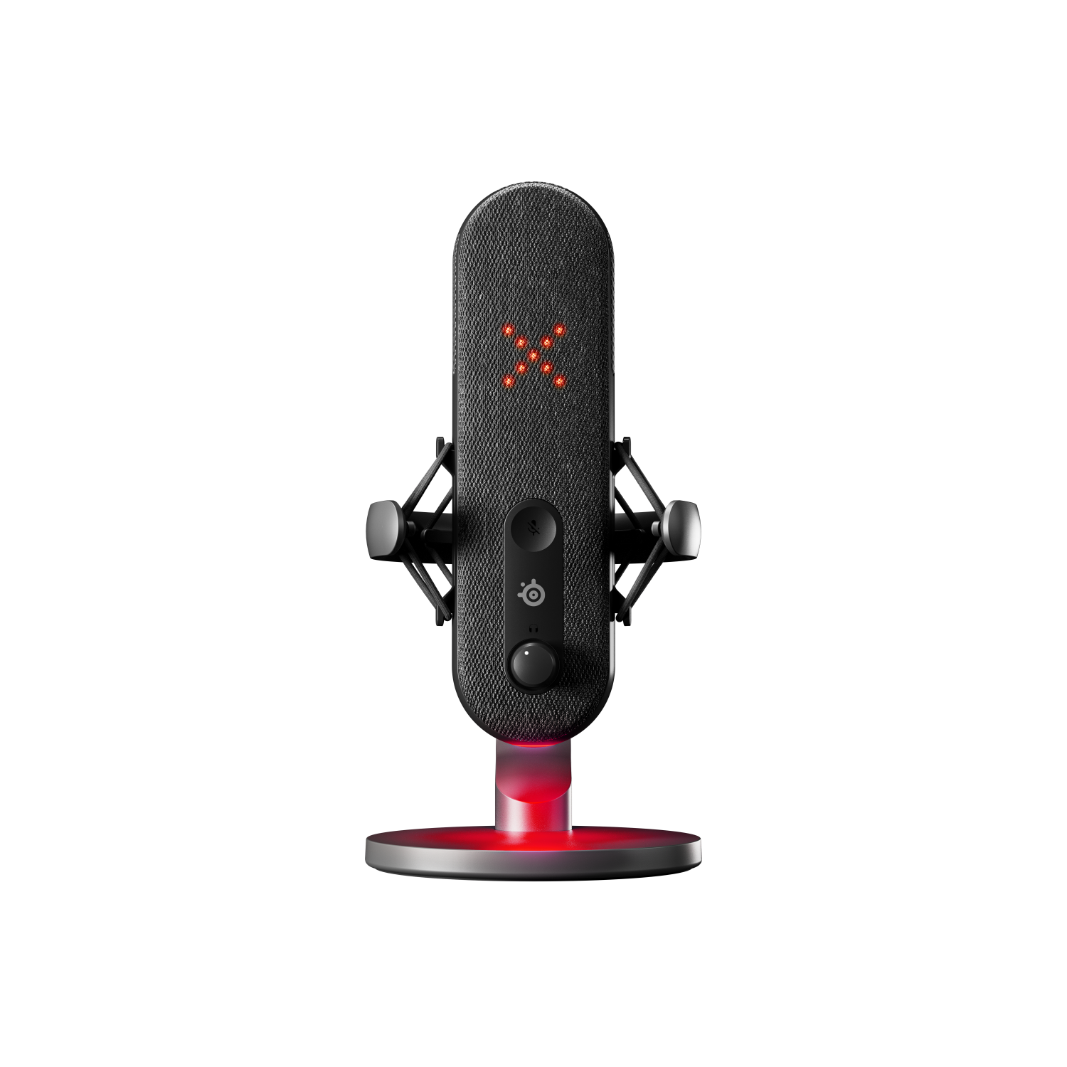 A black SteelSeries microphone on a stand with red accents.