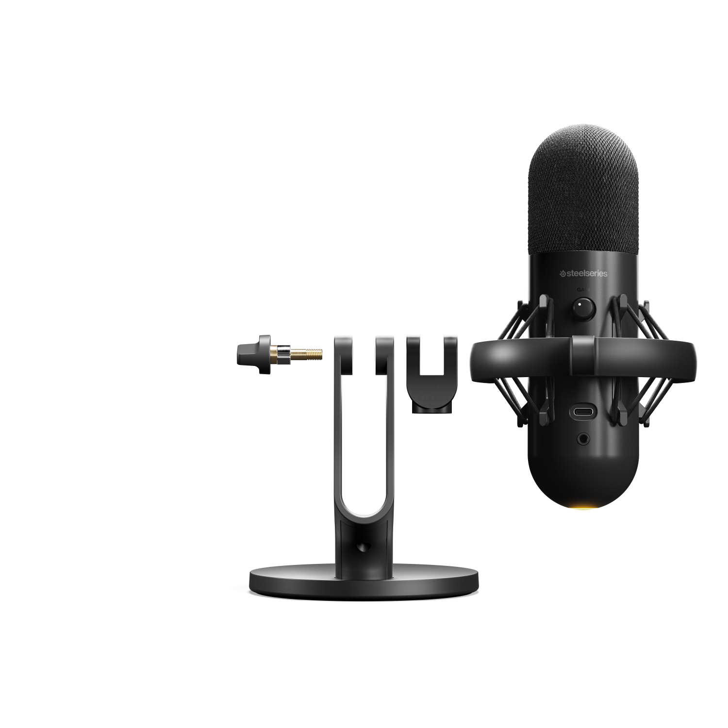 Black microphone with stand, disassembled, on a white background.