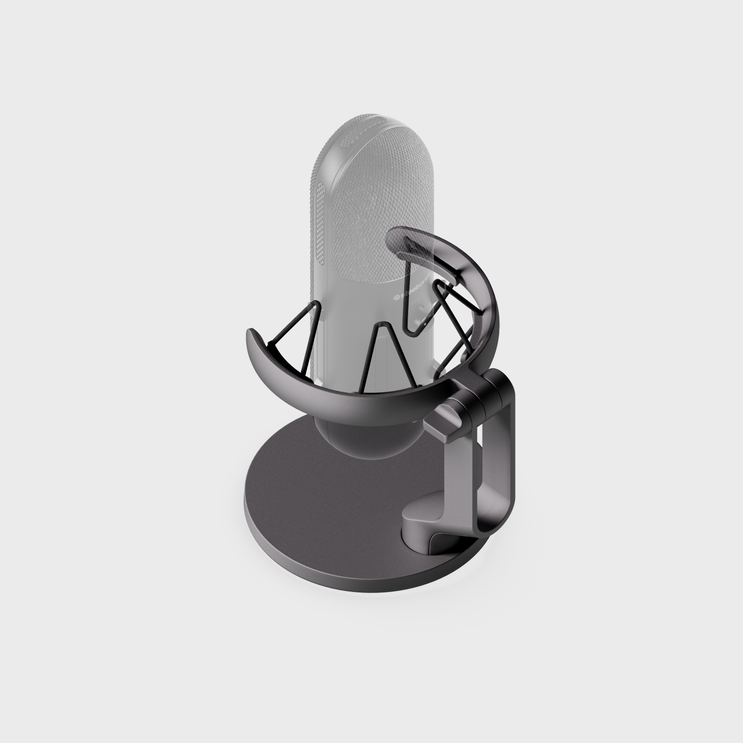 A microphone in a black stand, isolated on white with a grey background.