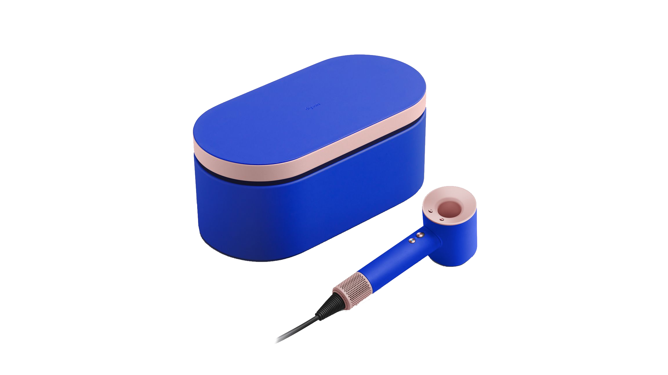 Secador de pelo azul y estuche de almacenamiento azul con tapa rosa sobre fondo negro.