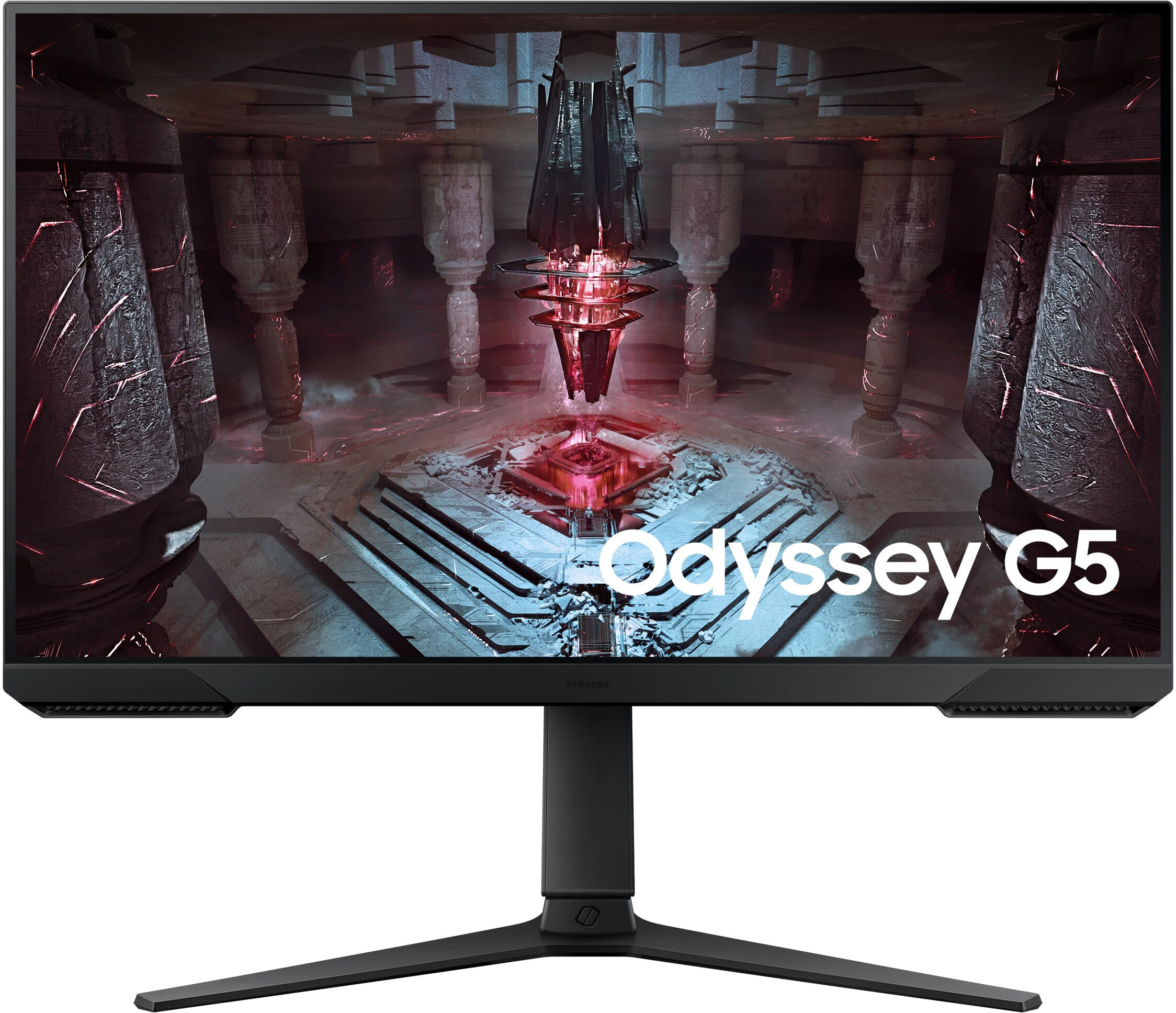 Czarny monitor komputerowy z tekstem 'Odyssey G5' i wyświetlaczem o tematyce gier.
