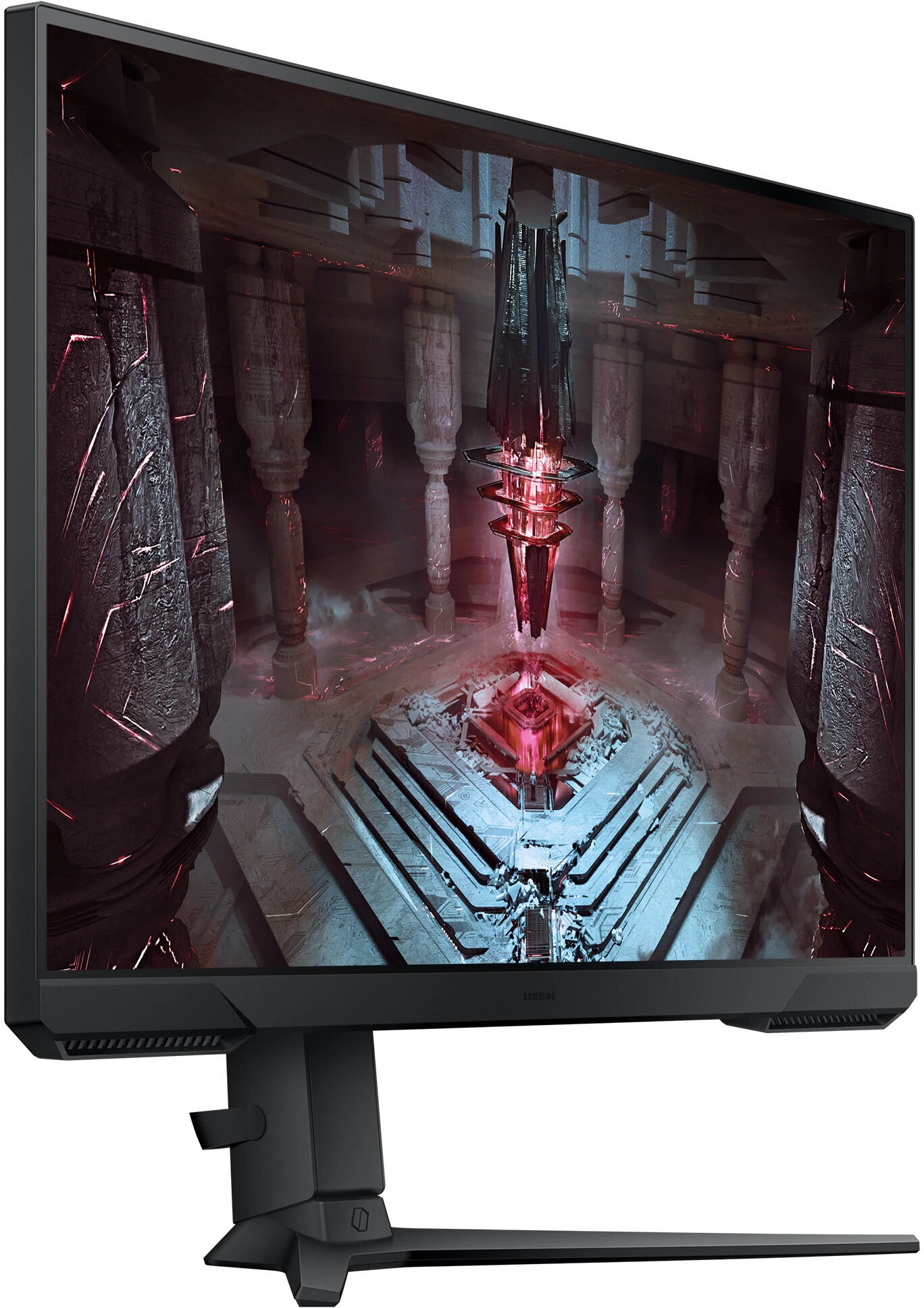 Monitor komputera wyświetlający scenę z gry w futurystycznym, czerwono oświetlonym otoczeniu.