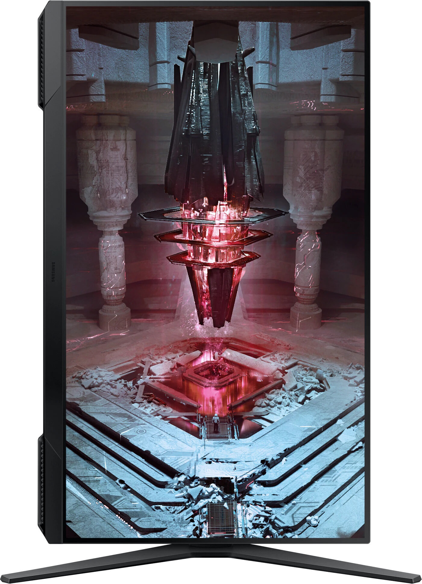 Wysoki czarny monitor komputera wyświetlający futurystyczną, abstrakcyjną, geometryczną scenę.