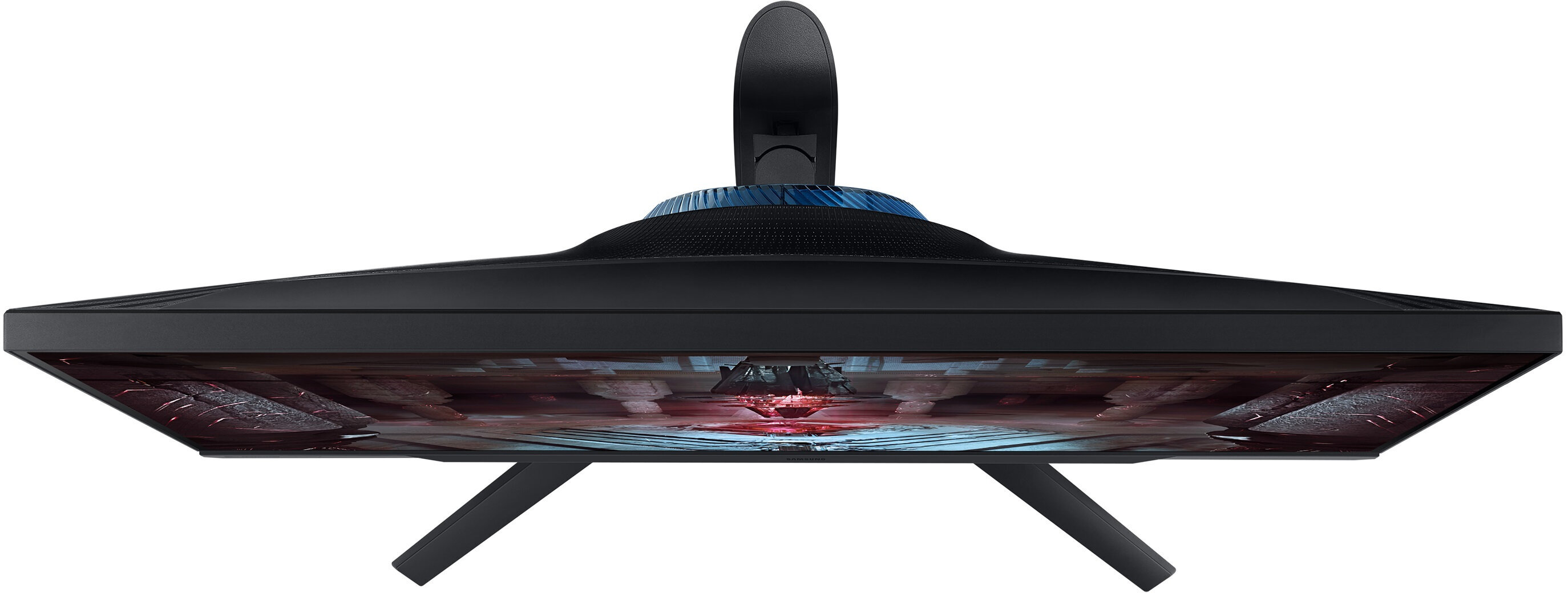 Widok z góry na czarny monitor Samsung. Ma niebieski akcent i dwie czarne nogi.