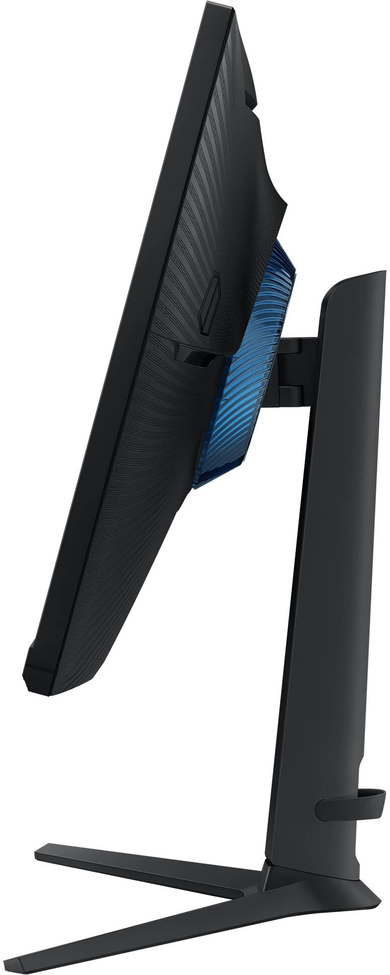 Widok z boku monitora. Czarna podstawa i tył, niebieskie akcenty i ekran.