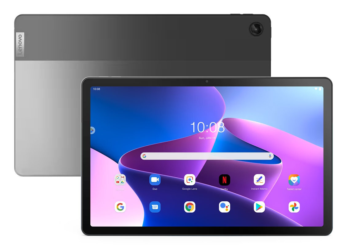 Tablet z przodu i z tyłu. Ekran pokazuje ekran główny z ikonami aplikacji.