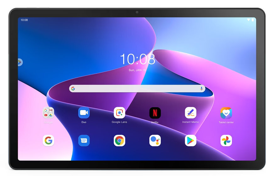 Tablet z czarną ramką, ekran wyświetla kolorowy abstrakcyjny obraz.
