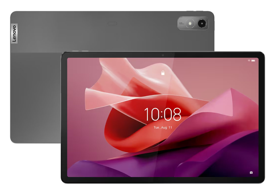 Dwa tablety Lenovo. Jeden leży płasko, pokazując ekran, drugi jest za nim, pokazując tył.