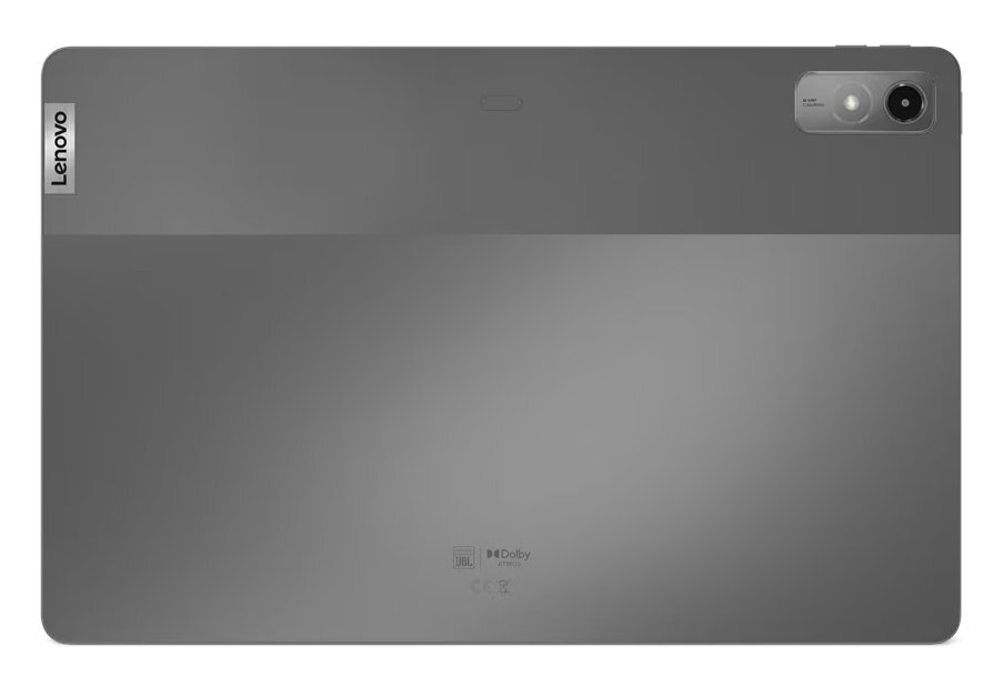 Szary tył tabletu z logo Lenovo, aparatem i marką JBL.
