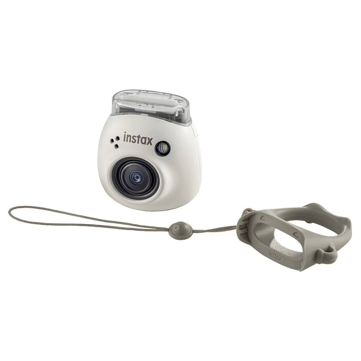 Cámara instantánea instax blanca con correa de mano gris y lente.