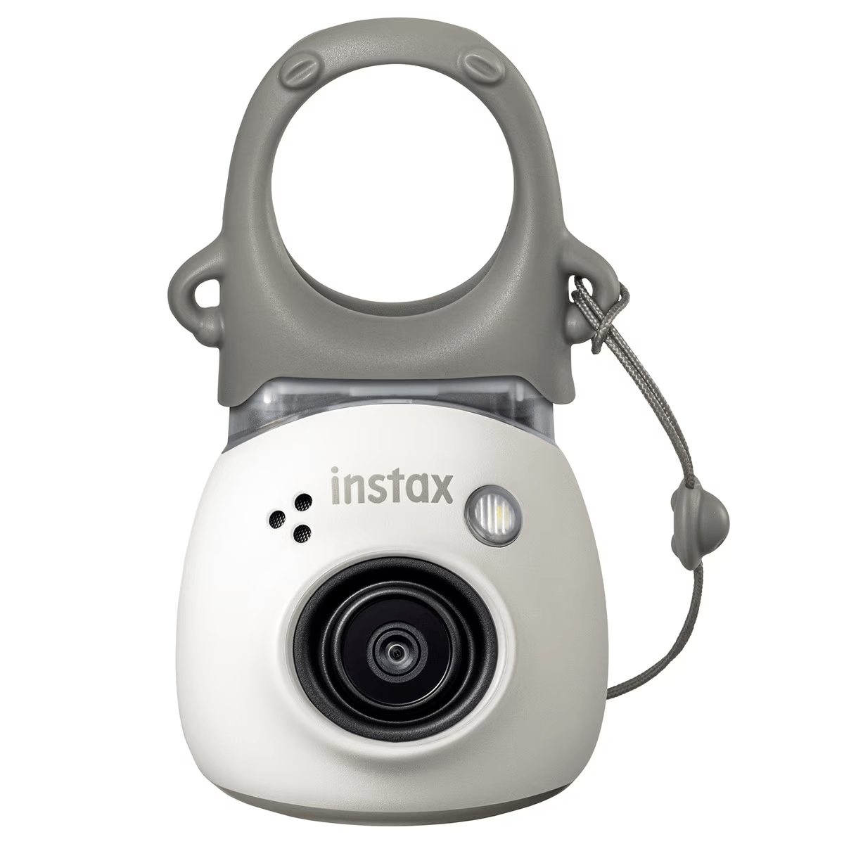 Cámara Instax blanca y gris con un asa gris y una lente.