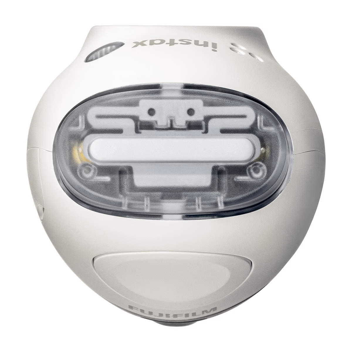 Un dispositivo blanco similar a una cámara Instax. La vista superior muestra los componentes internos.