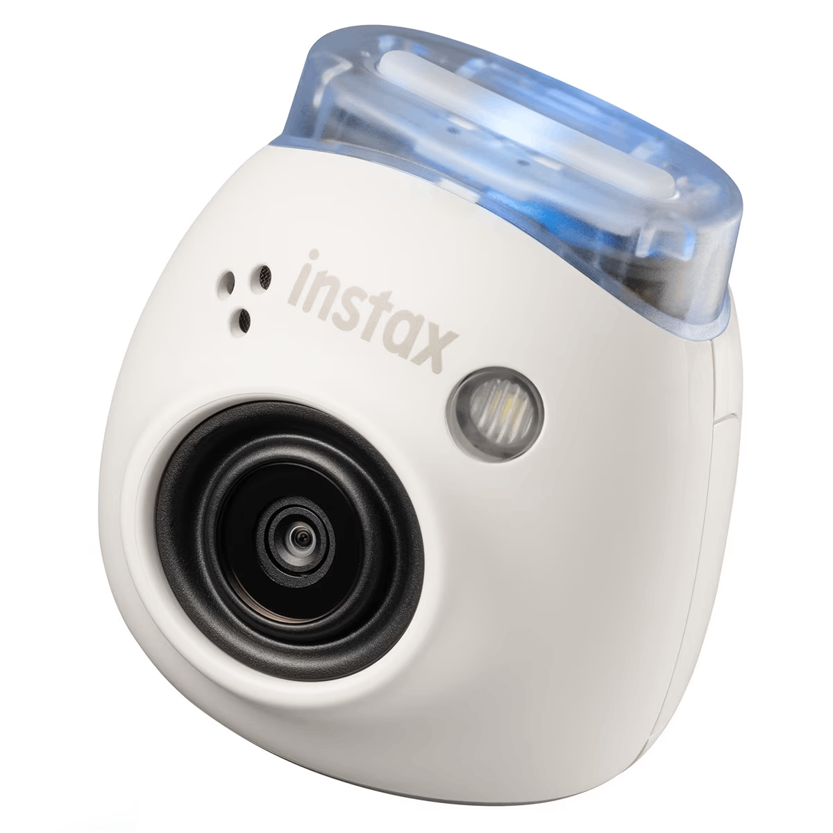 Cámara instax blanca con lente azul y flash, aislada sobre blanco.