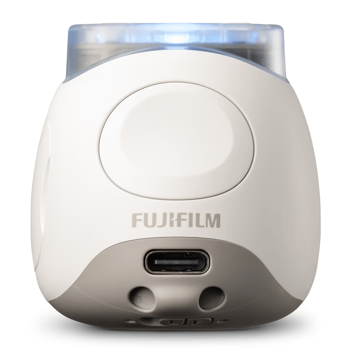 Cámara blanca y gris con una luz azul en la parte superior. Logotipo de Fujifilm en la parte delantera. Puerto USB en la parte inferior.