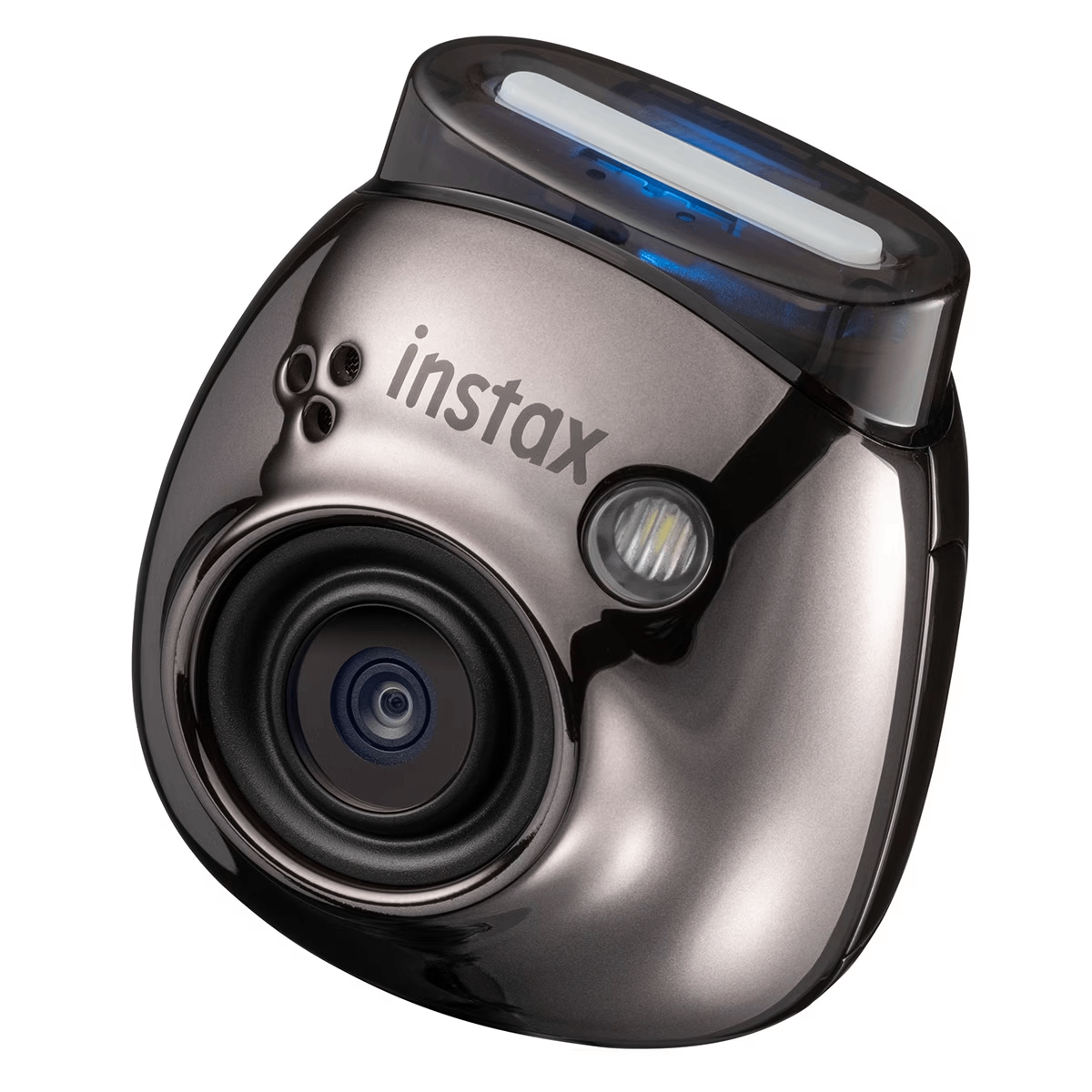 Una cámara Instax plateada con flash y lente se muestra.