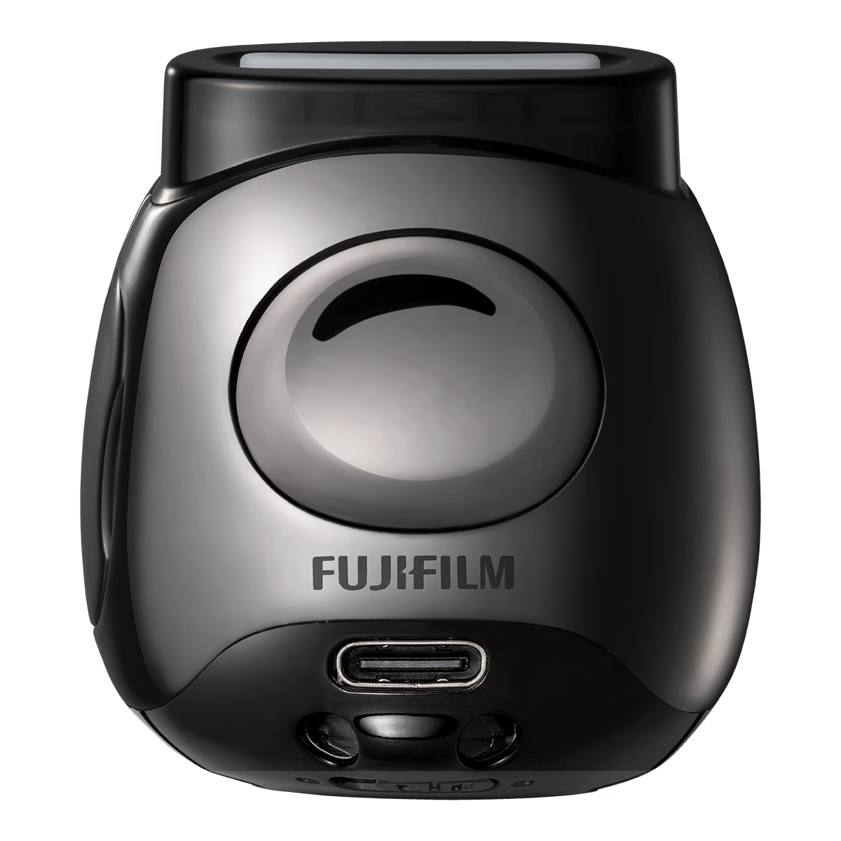 Cámara negra con lente, puerto USB y logo Fujifilm sobre fondo blanco.